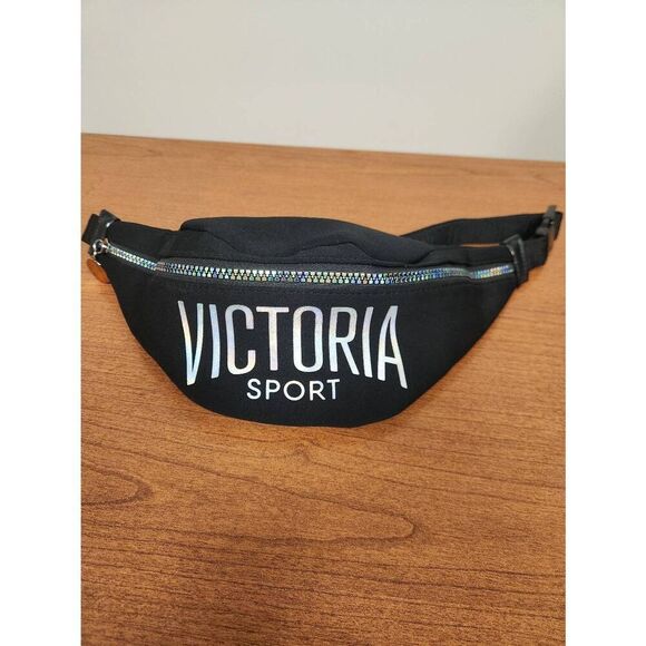 Victoria's Secret Sport Black Fanny Pack Waist Bag Adjustable Iridescent Zipper - Picture 1 of 6